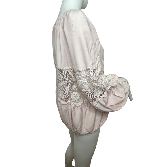 Free People. Blouse S/P Pink, Lace Tassels Balloon Long Sleeve Loose Fit Classic - Picture 4 of 16
